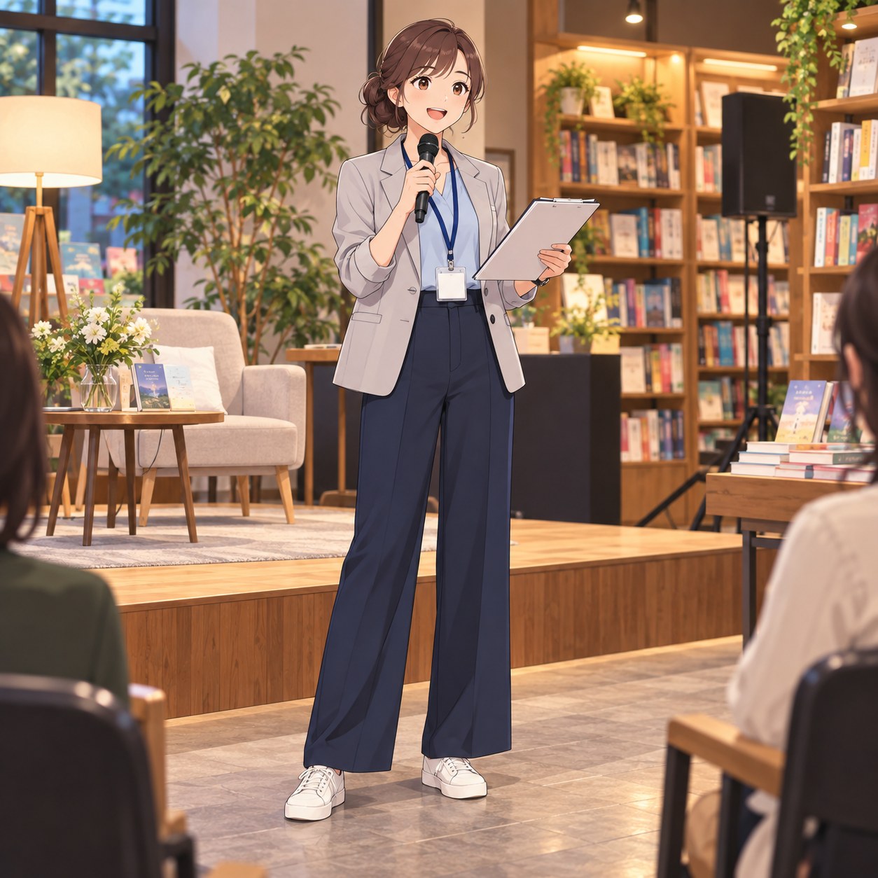 ライトグレージャケットの書店イベント担当