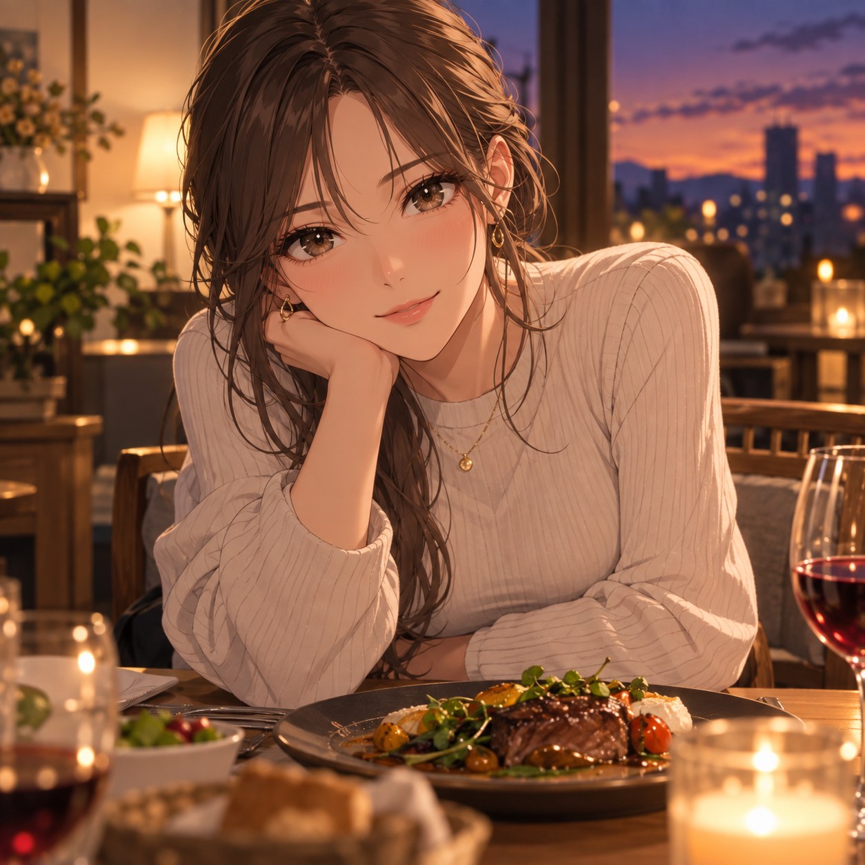 前のめりな視線で待つ成人女性のアニメ調表情