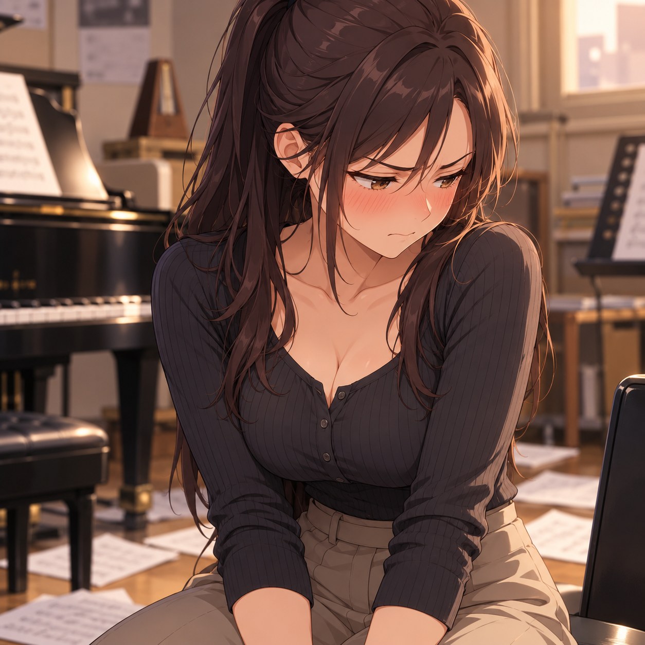 負けを恥じて視線をそらす成人女性のアニメ調表情