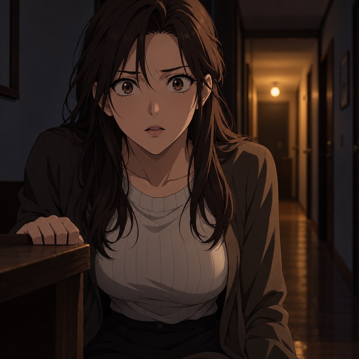 恐怖をこらえて動かない成人女性のアニメ調表情