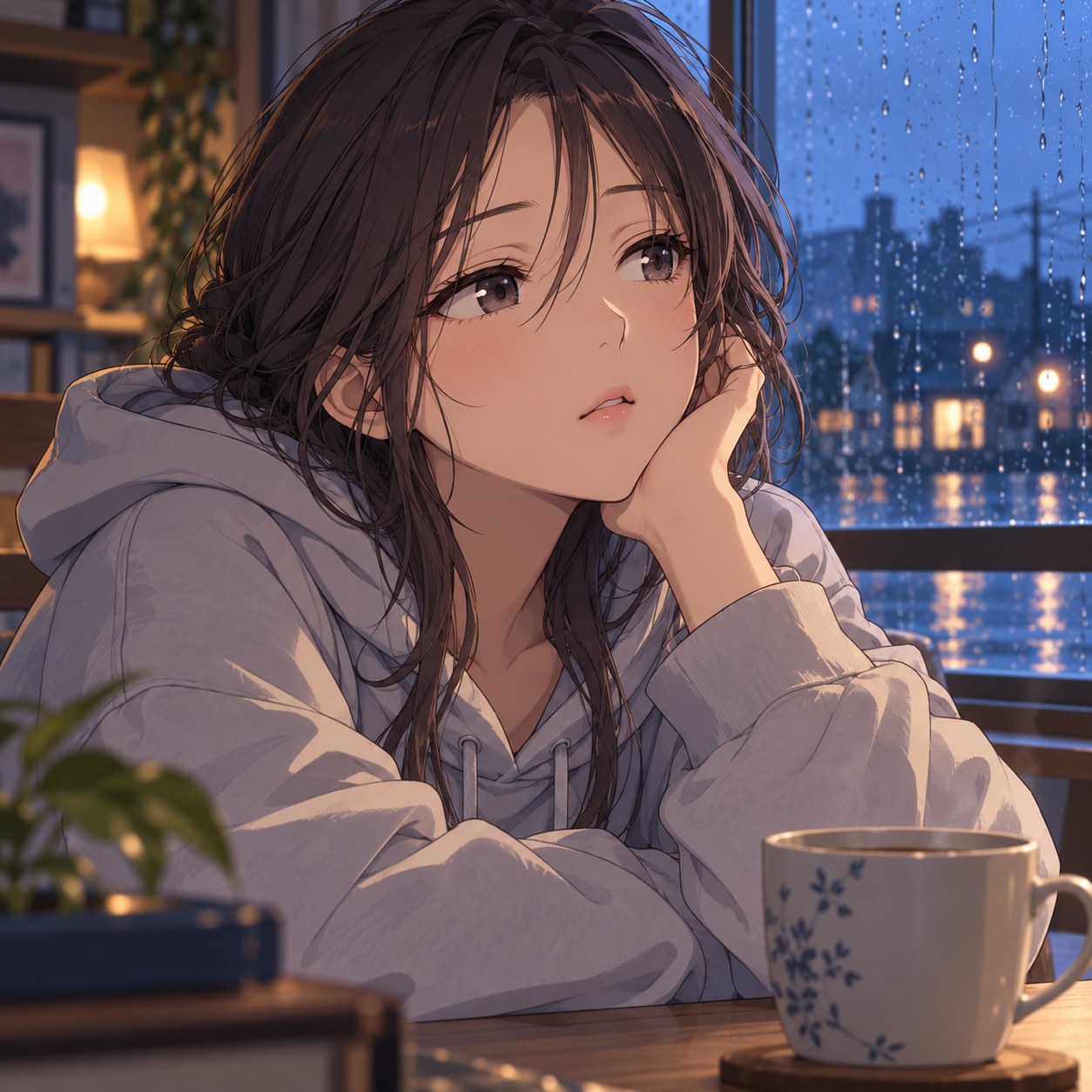 気の抜けた口元で休む成人女性のアニメ調表情