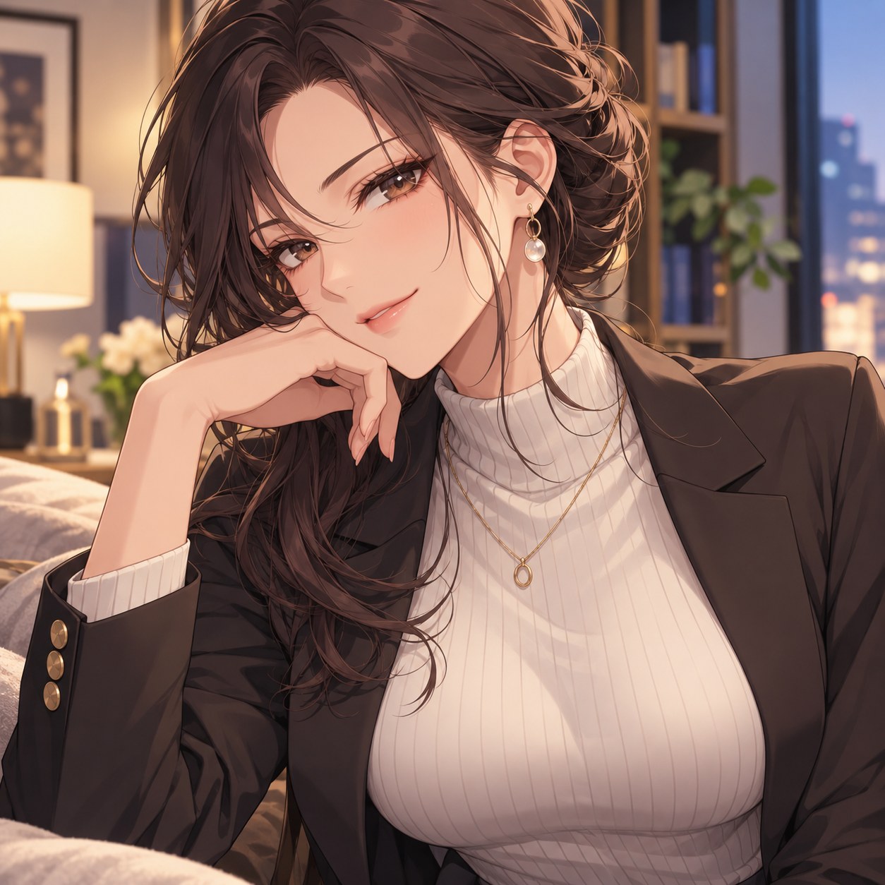 挑発的な口元を見せる成人女性のアニメ調表情