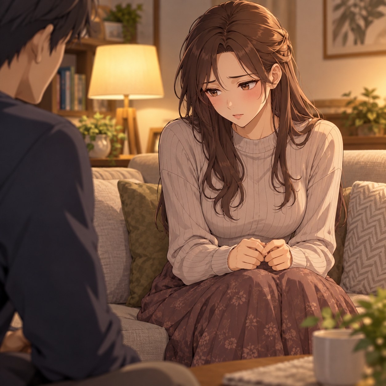 決めきれず視線を落とす成人女性のアニメ調表情