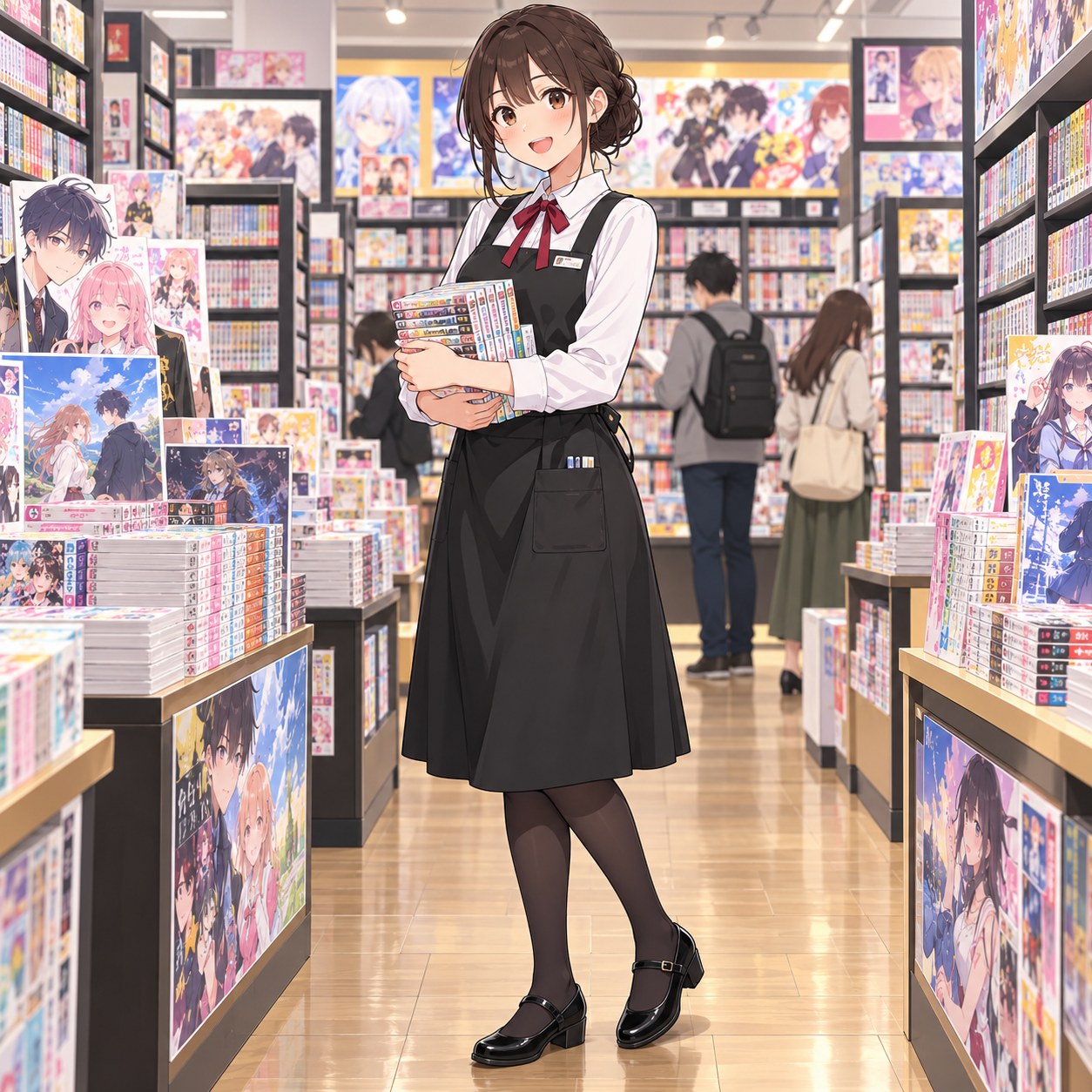 黒いピナフォアのコミック売り場スタッフ