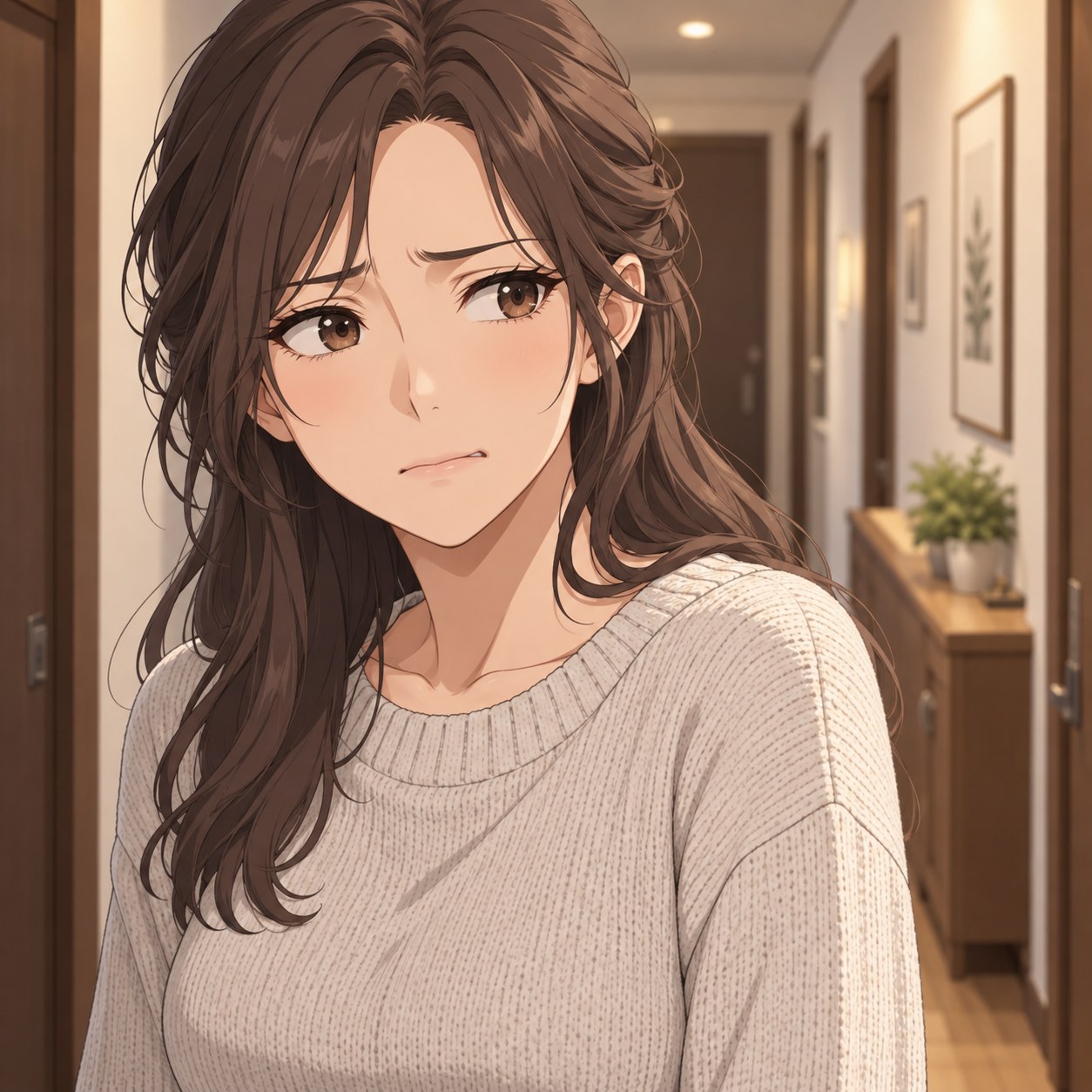 手を伸ばす前にためらう成人女性のアニメ調表情