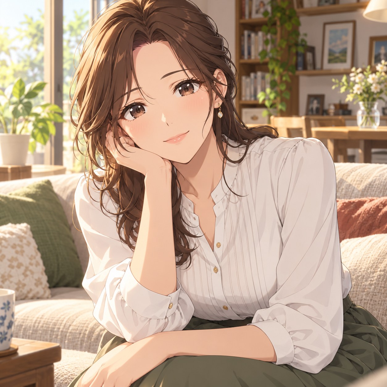 眠気の残る安心した成人女性のアニメ調表情