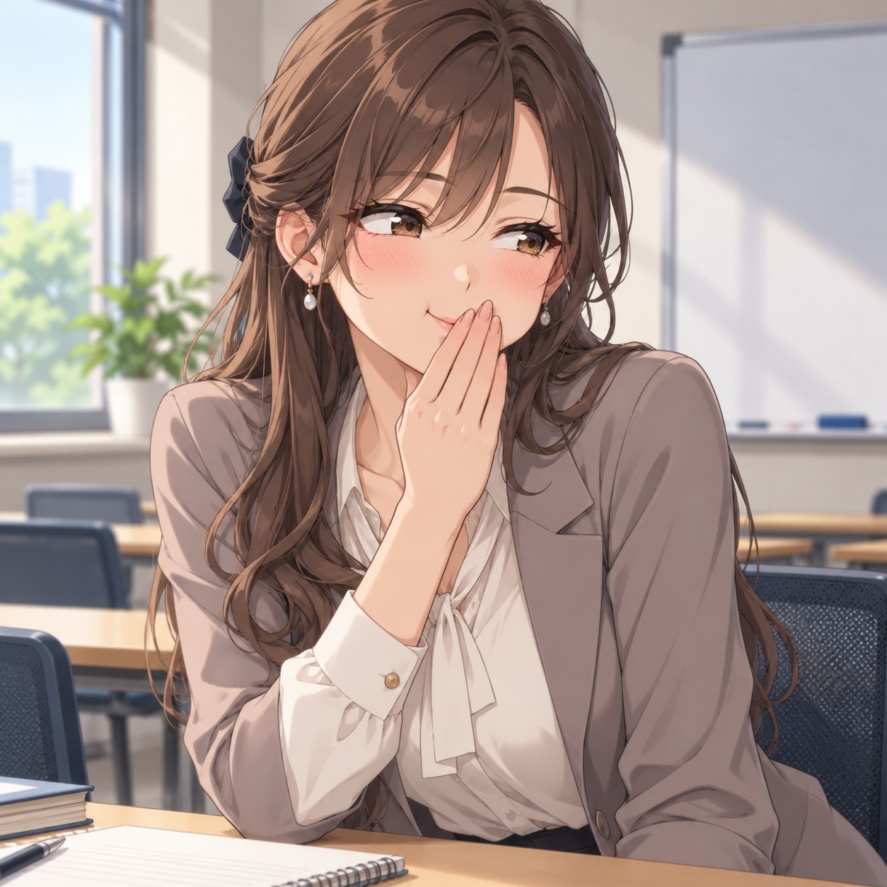 笑いをこらえて口元を隠す成人女性のアニメ調表情