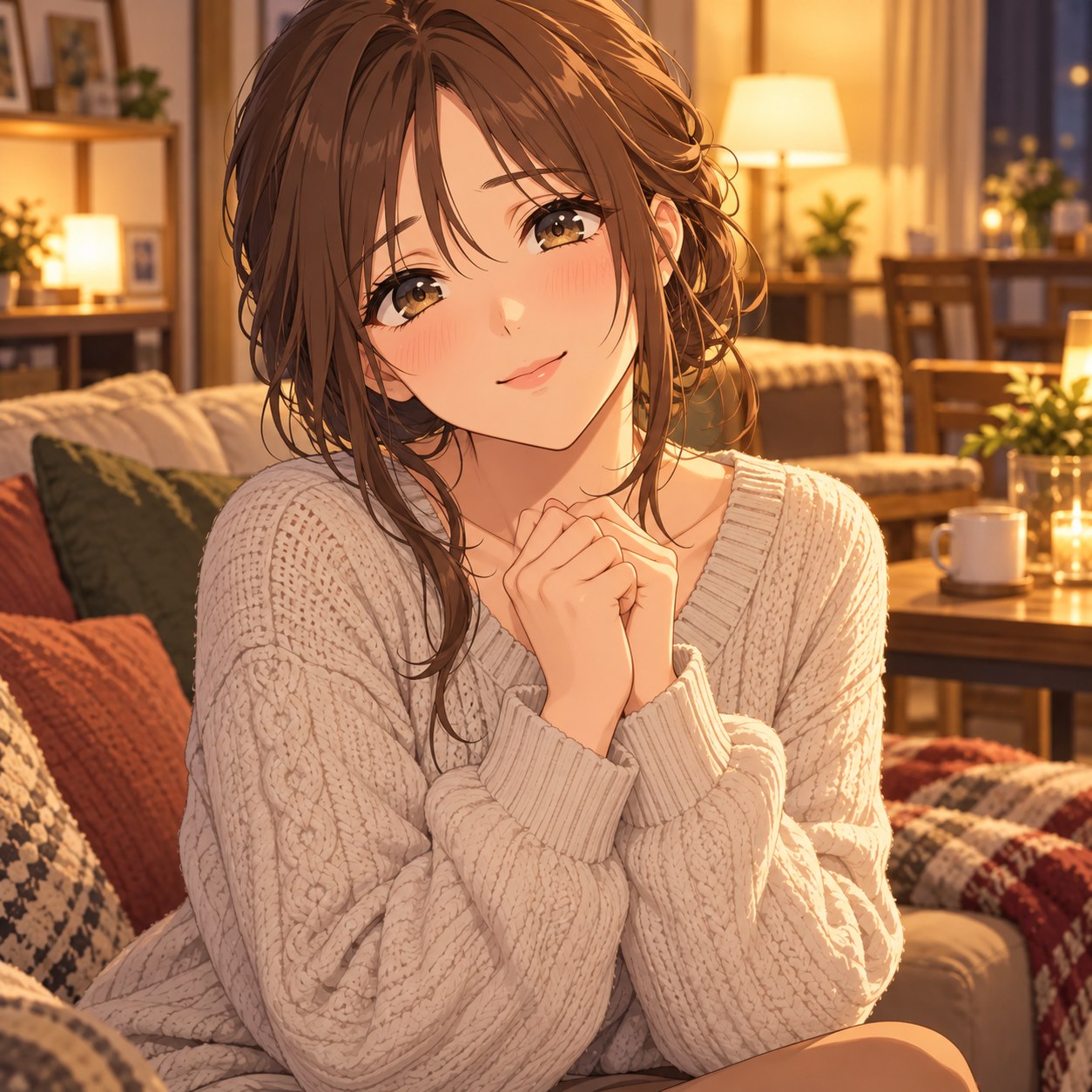 指先に期待を込めて待つ成人女性のアニメ調表情