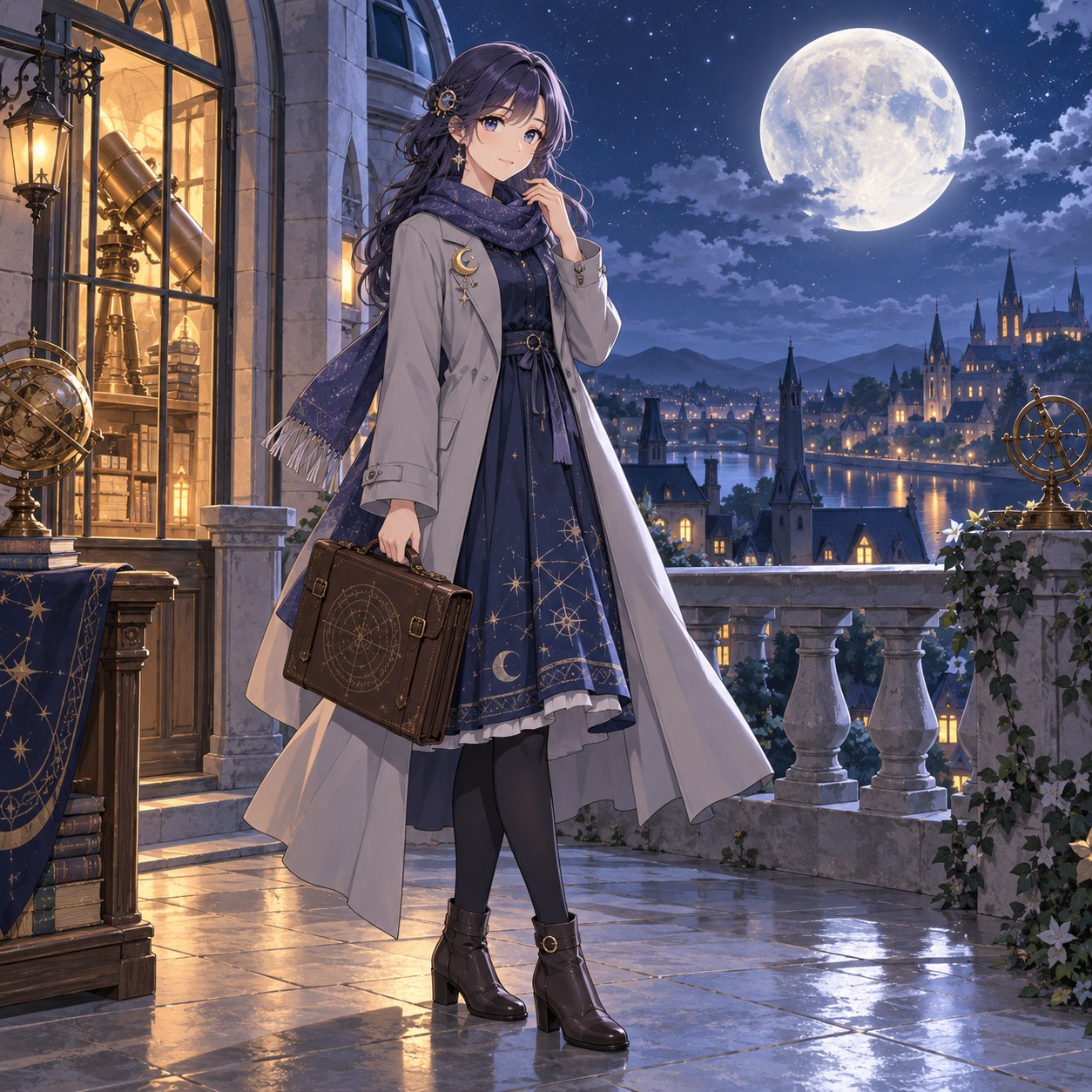 月のブローチを付けた銀灰色の月占い師の衣装