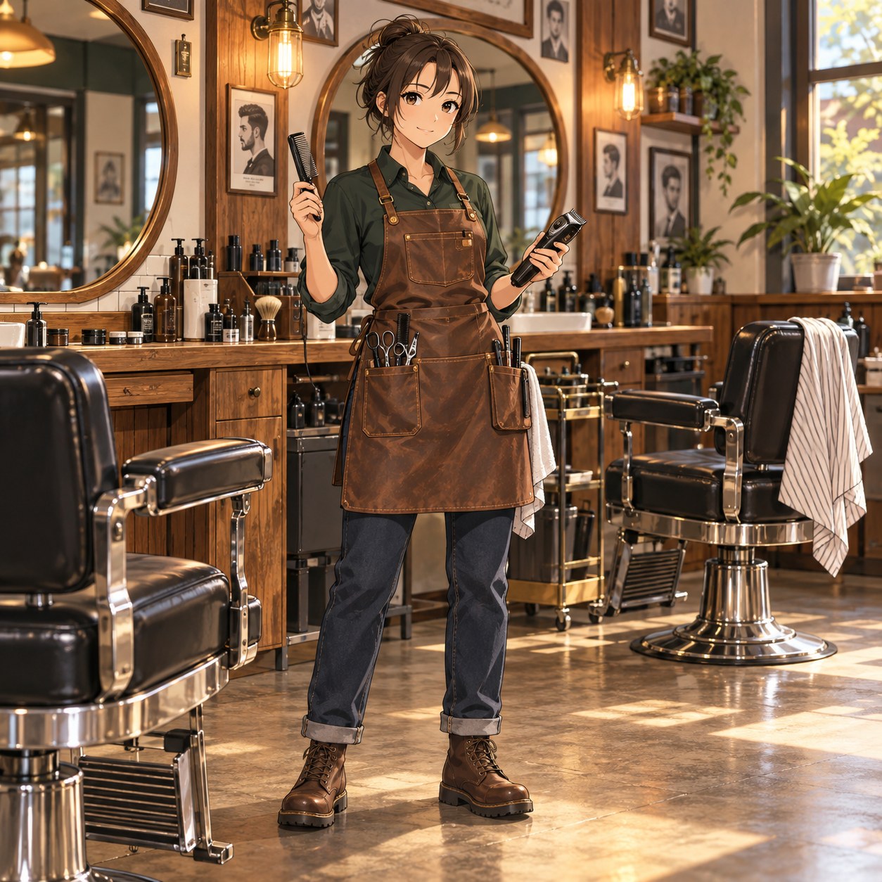 レザーエプロンの現代女性バーバー