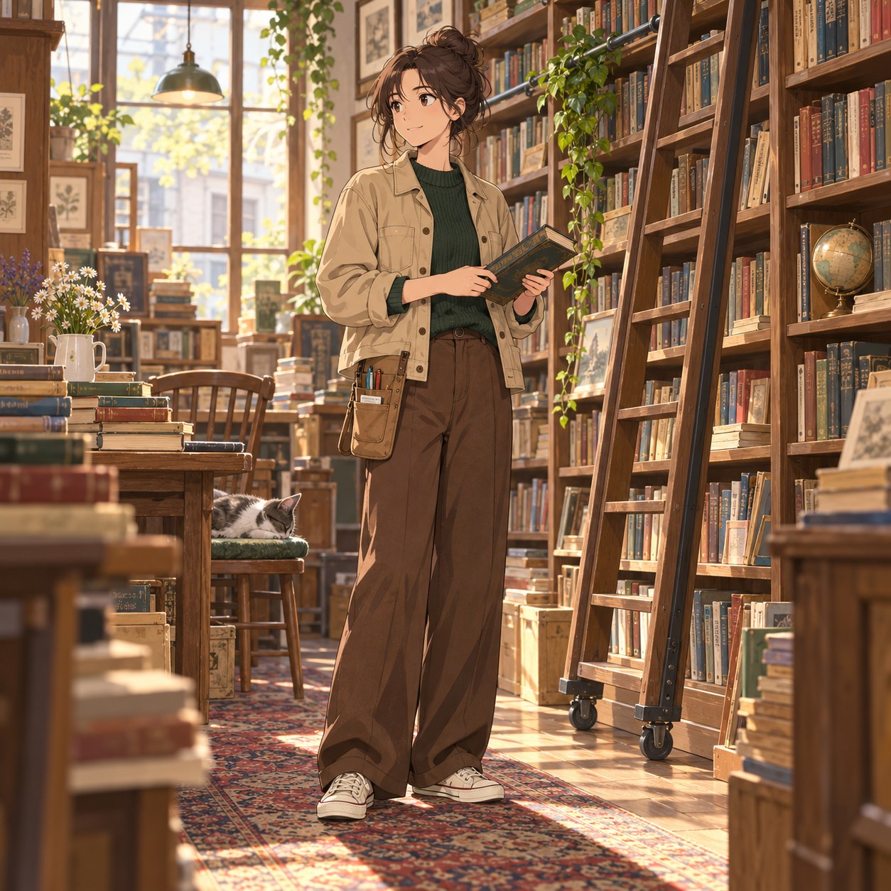 ベージュジャケットの古書担当スタッフ