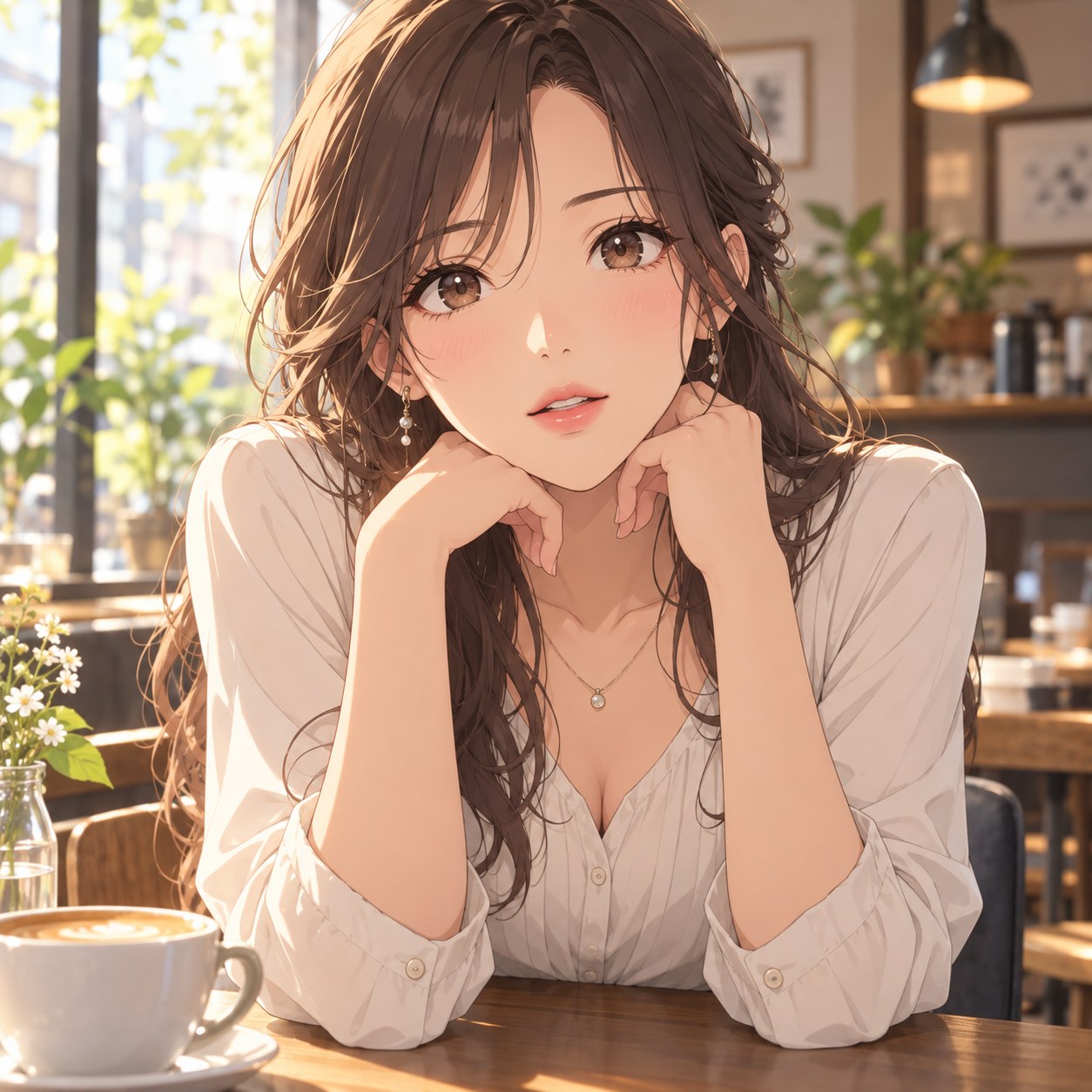 息を弾ませて答えを待つ成人女性のアニメ調表情