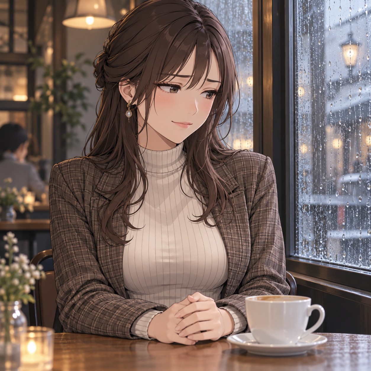 失望を隠して作り笑いを浮かべる成人女性のアニメ調表情
