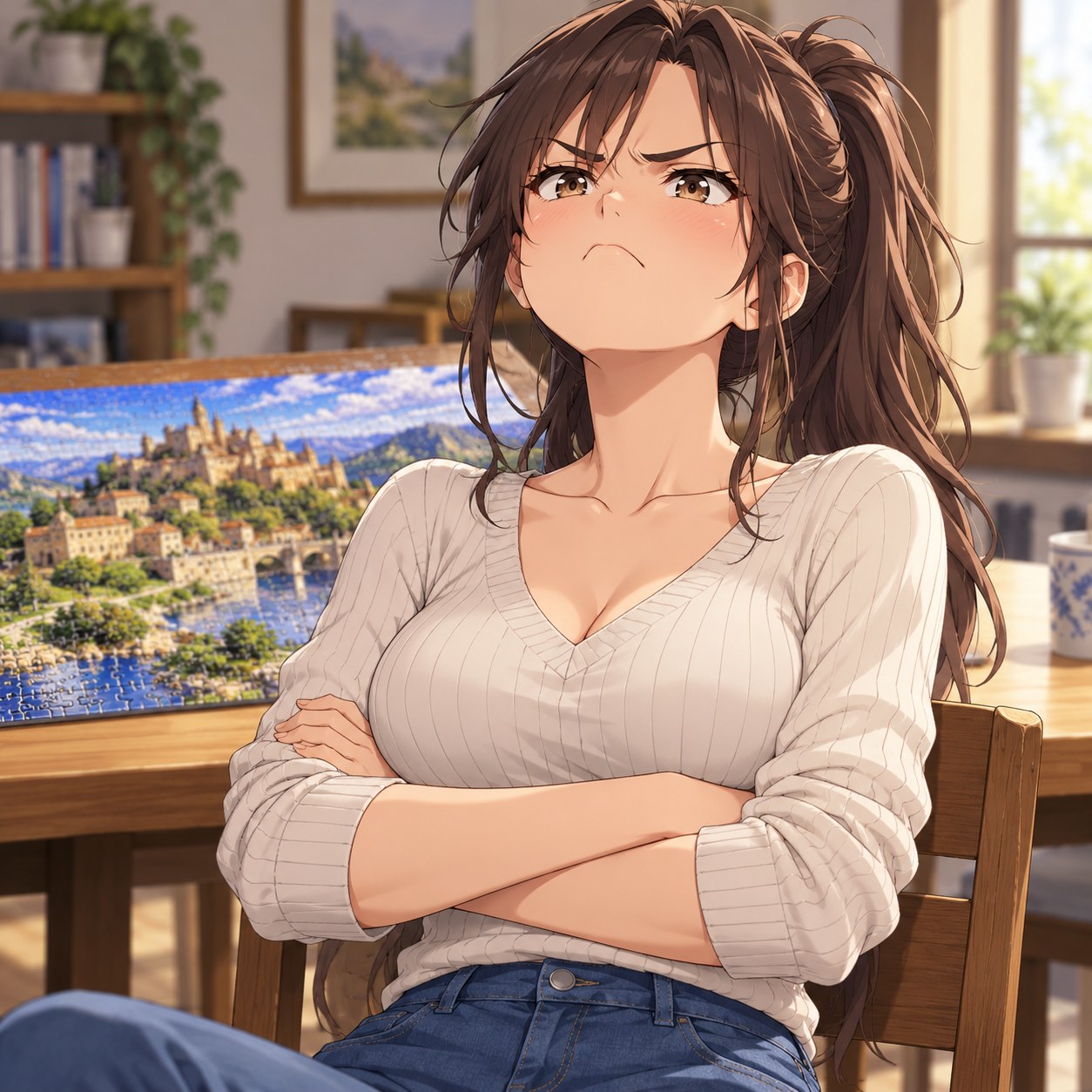 負けを認めず腕を組んで強がる成人女性のアニメ調表情