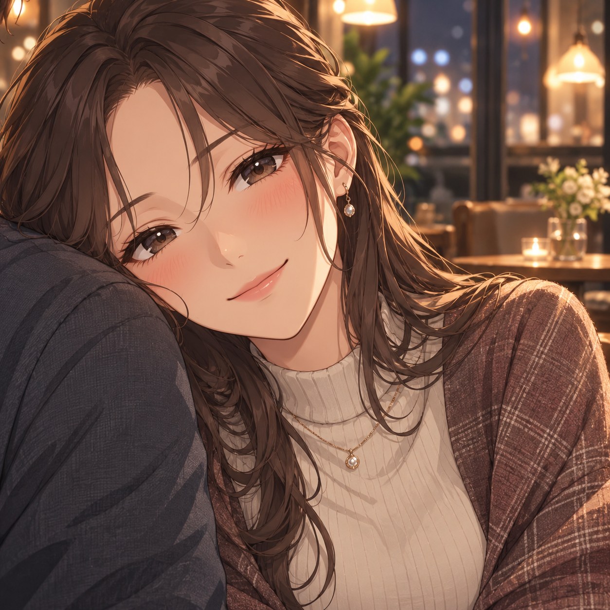 寄りかかって安心する成人女性のアニメ調表情
