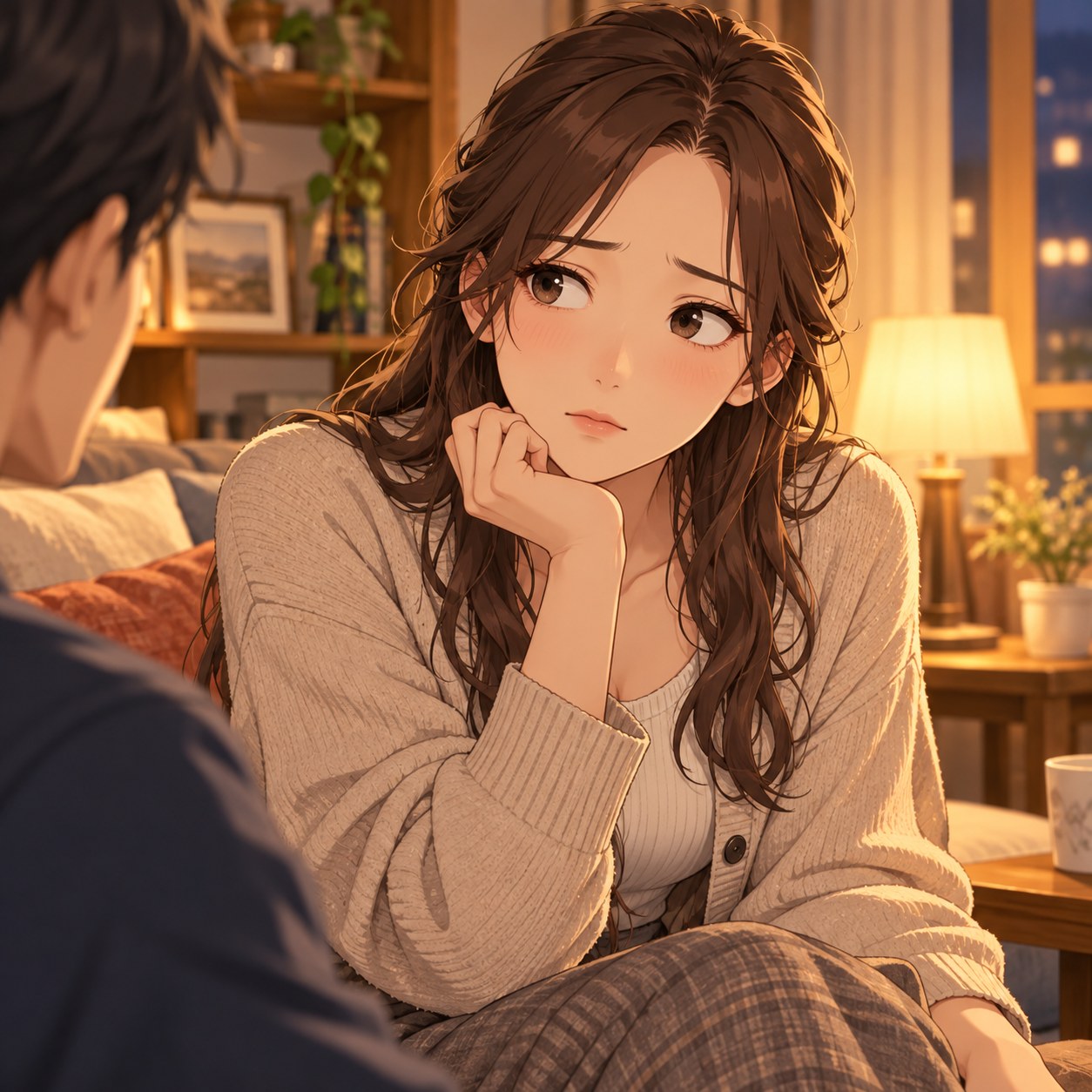 話すか迷う成人女性のアニメ調表情