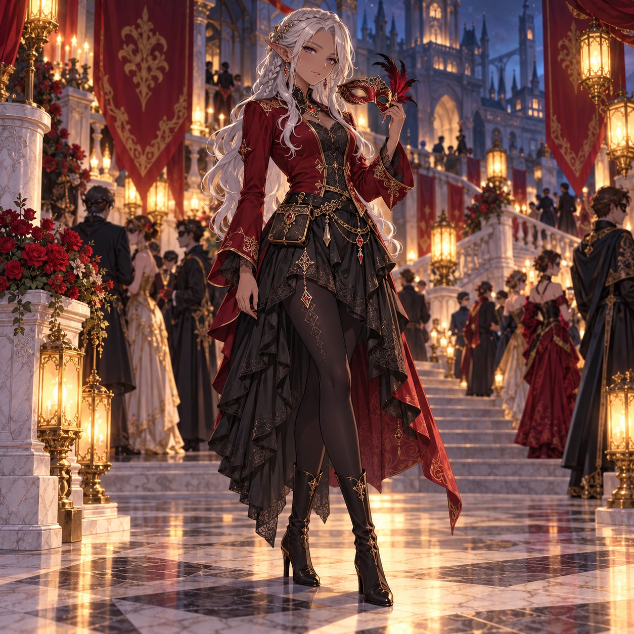 仮面舞踏会に紛れる深紅ジャケットのダークエルフローグ