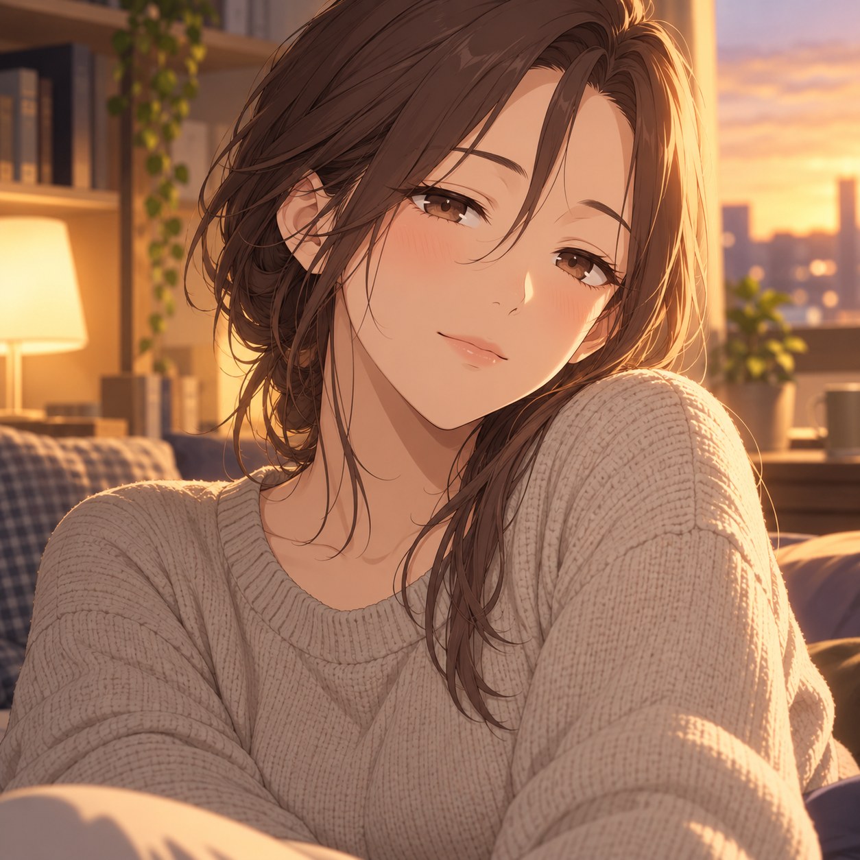 無意識に穏やかな視線を向ける成人女性のアニメ調表情