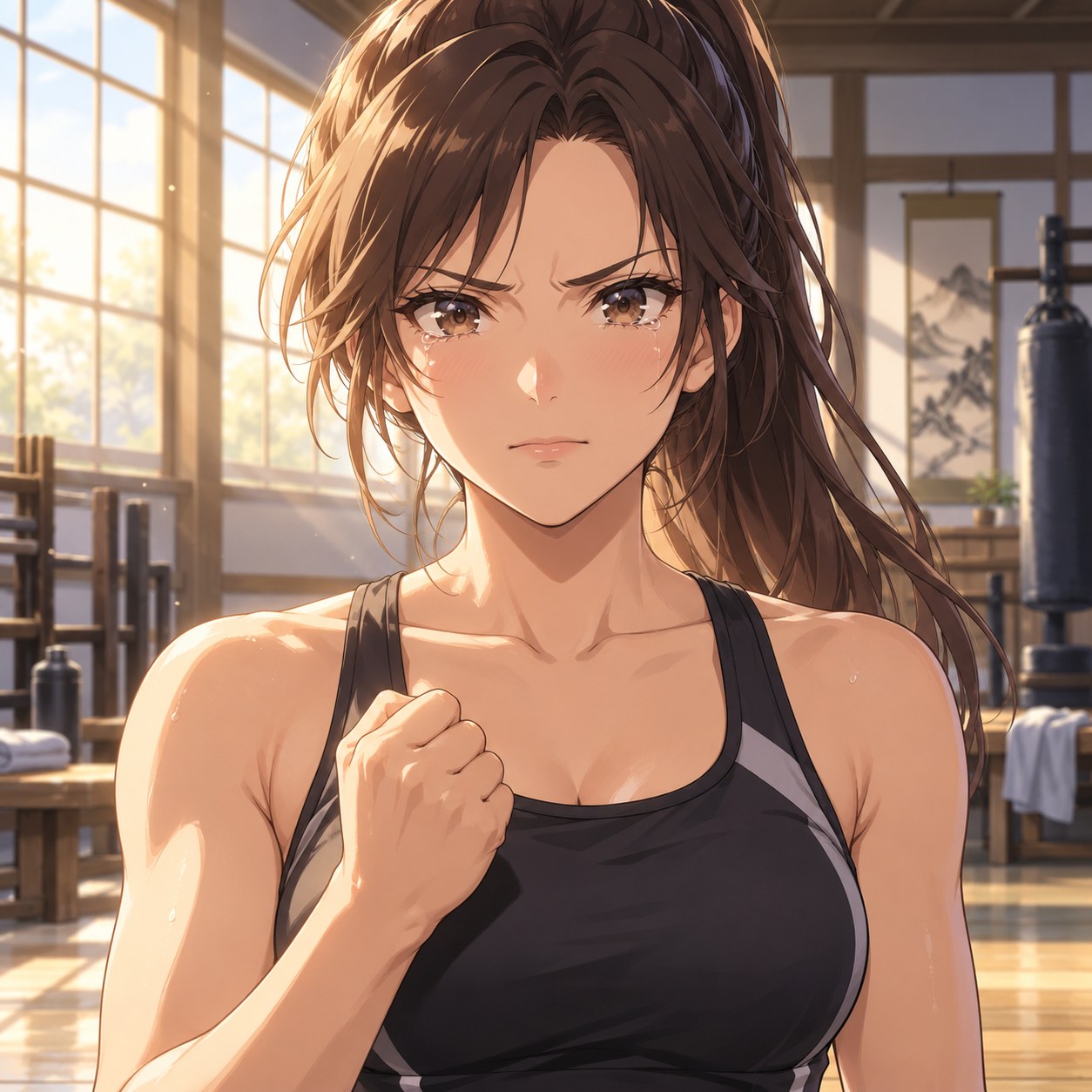 悔しさを決意に変えて前を向く成人女性のアニメ調表情