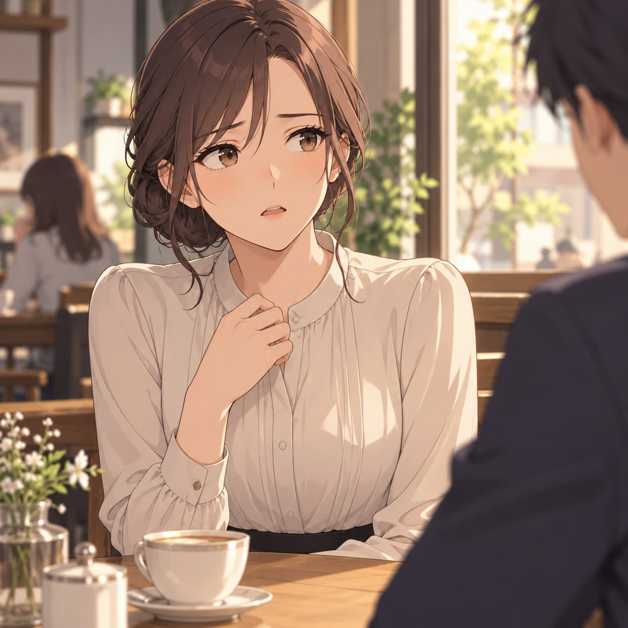 期待と迷いが混ざる成人女性のアニメ調表情