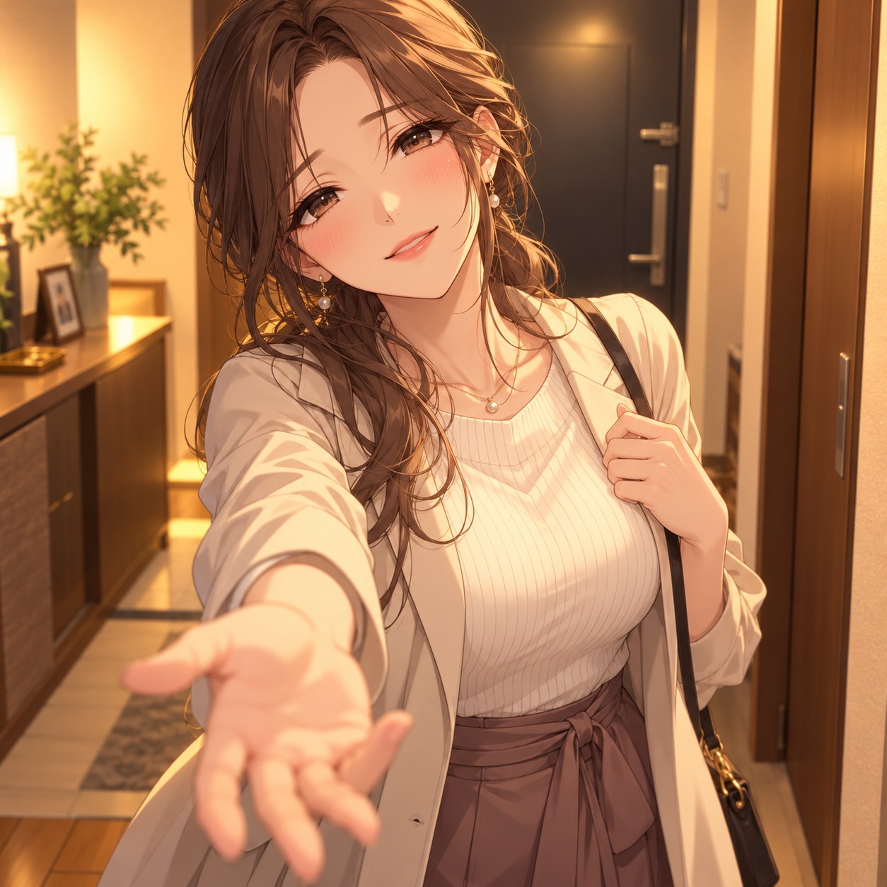 手を伸ばして距離を縮める成人女性のアニメ調表情