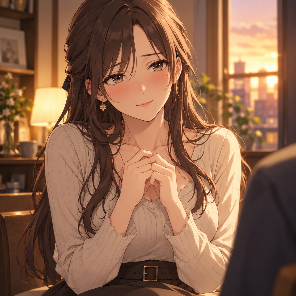 好意を隠しながら控えめに微笑む成人女性のアニメ調表情