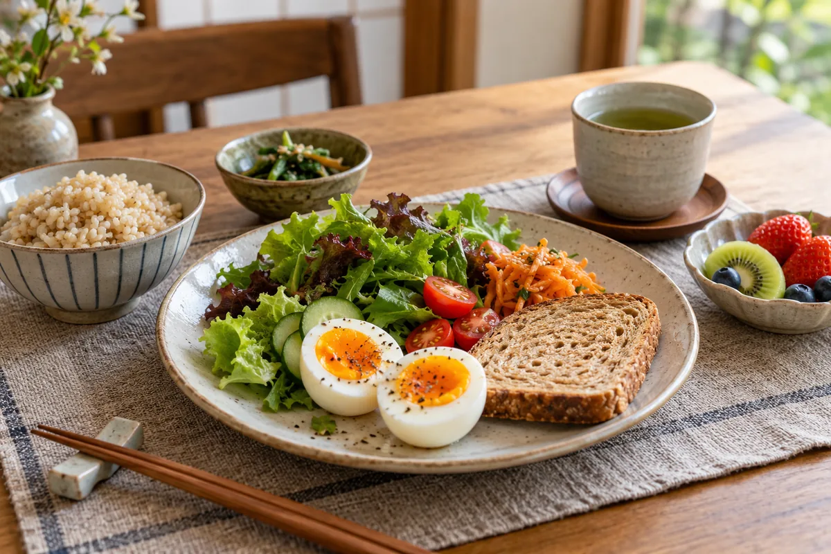 ゆで卵と全粒パン、野菜、果物を並べた朝食