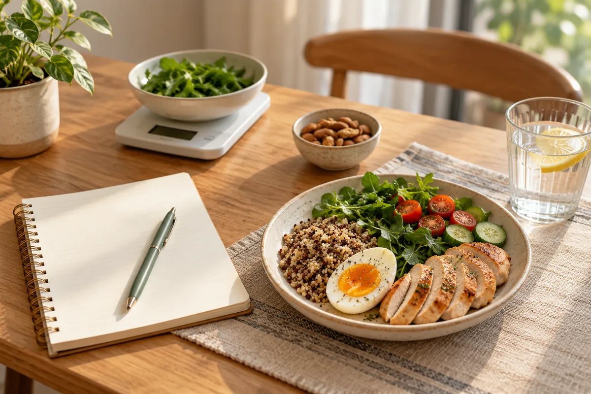 ゆで卵を含む食事とノートで食習慣を振り返る様子