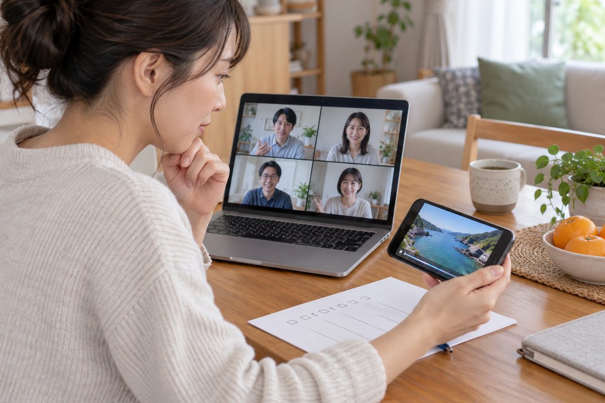 オンライン会議と動画視聴を同時に使う家庭のイメージ